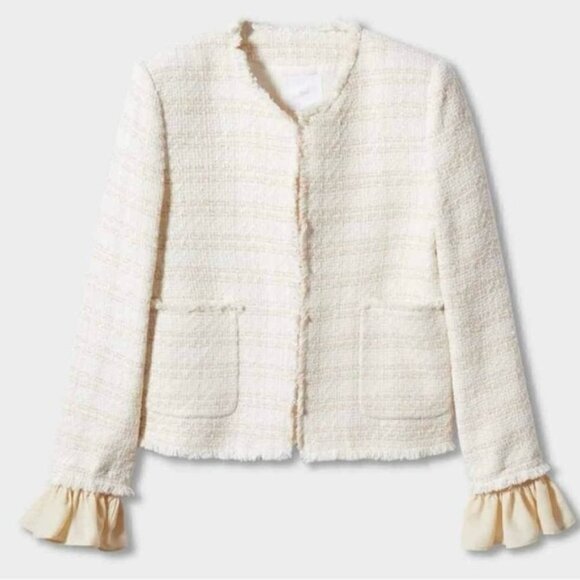 🩷 Mango, Tweed jacket with ruffled cuffs - Ecru. Size: S (US). NWT. - Picture 12 of 12